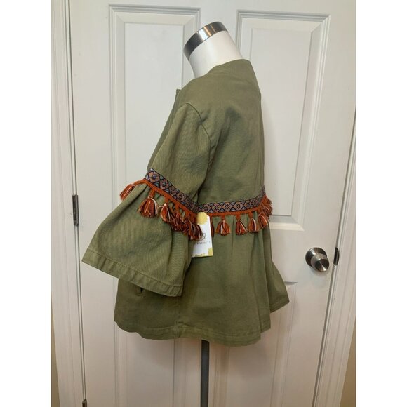 Zara Basic Dept Denim Green Jean Jacket Geometric Embroidery Tassels, Size XS - Picture 5 of 8